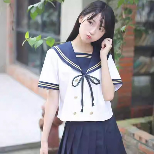 Japanese JK Uniform Set | Double-Breasted Sailor Collar Shirt & Pleated Skirt | Women's Academy Style Student School Uniform C038 party X party