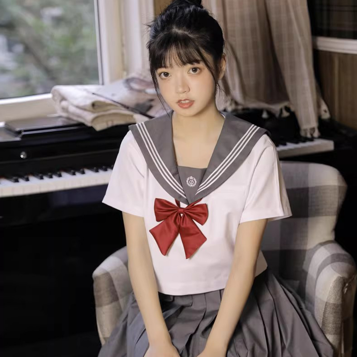 Authentic Japanese Sailor Suit: Gray Three-Line Collar JK Uniform Set - Basic Summer Short-Sleeve Academy Style (C019) party X party