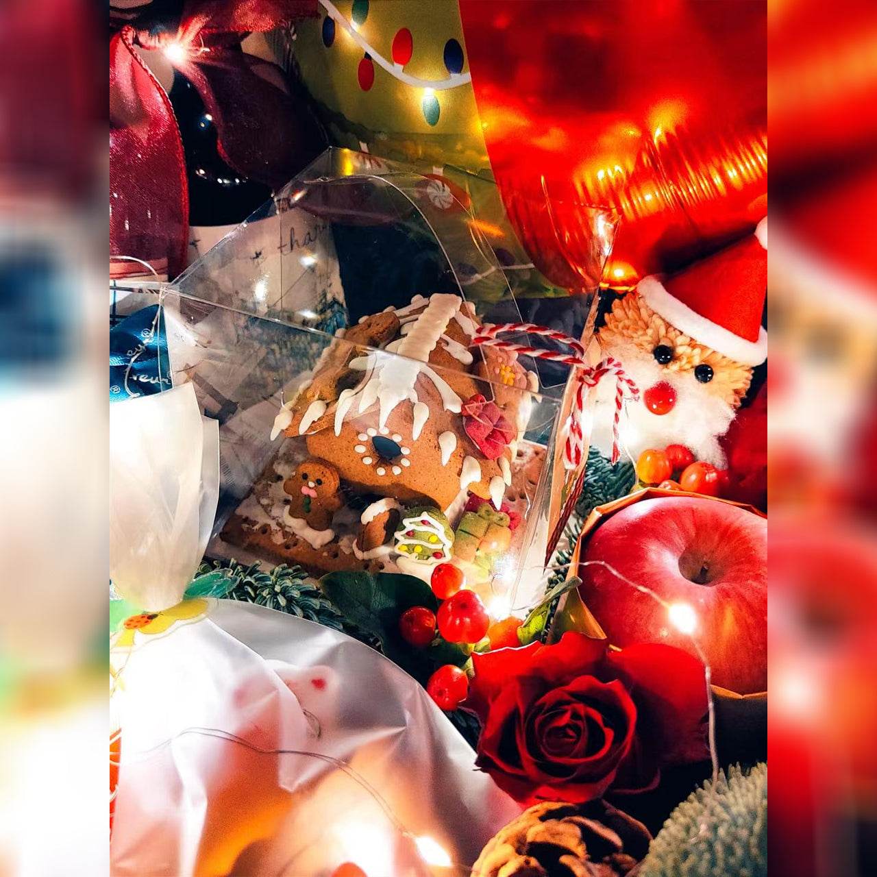 Christmas Eve Balloon & Gift Set – Exquisite Gold Foil Wine & Fruit Box – 0010