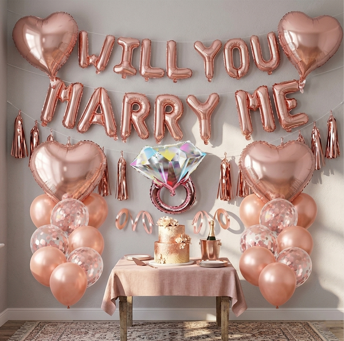 Rose Gold Proposal Ring Set - Heart Balloon Diamond Ring Decoration Set - S132 party X party