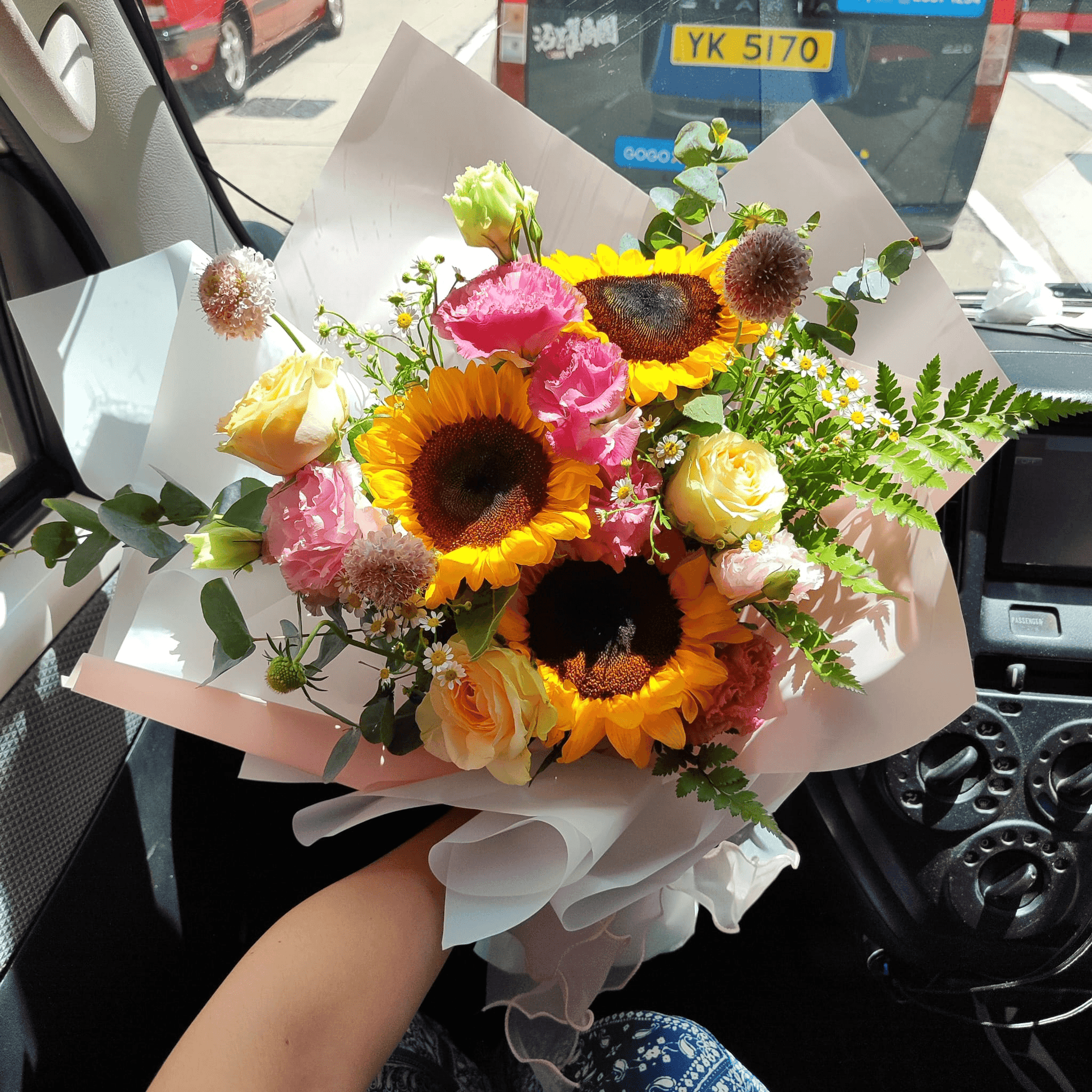 Sunflower bouquet pink lisianthus, champagne rose bouquet blessing gift graduation gift anniversary – F-310 - party X party