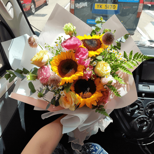 Sunflower bouquet pink lisianthus, champagne rose bouquet blessing gift graduation gift anniversary – F-310 - party X party
