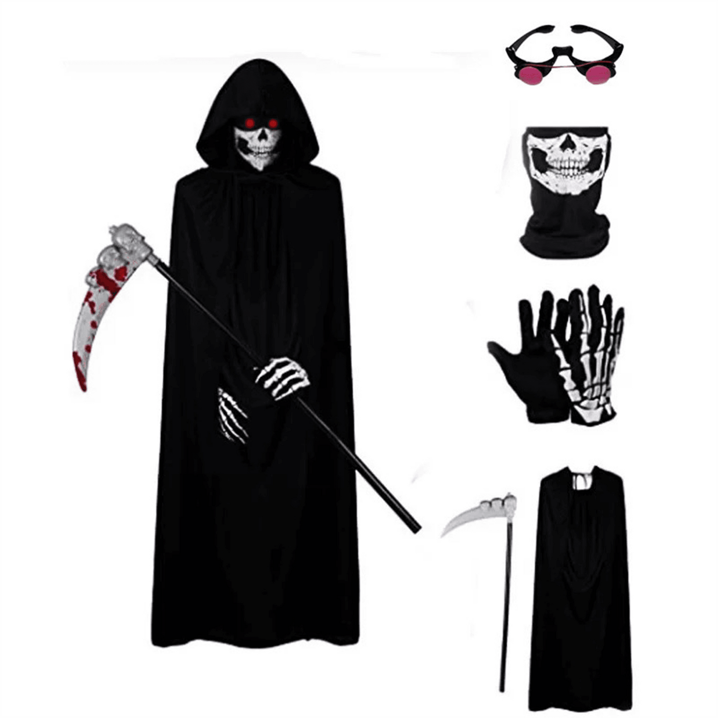 Grim Reaper Halloween Costume Set – With Scythe, Mask, Gloves & Cloak - party X party