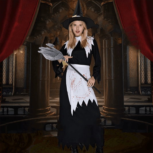 Bloody Witch Halloween Costume – Spooky Witch Dress with Hat & Broom - party X party