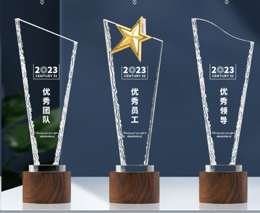 Crystal trophy walnut base annual commemorative trophy, changeable style – -PR130 - party X party
