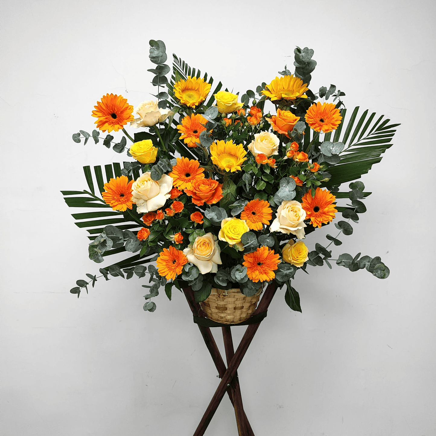 Orange sun chrysanthemum basket champagne rose basket yellow rose basket blessing gift – F-450 - party X party