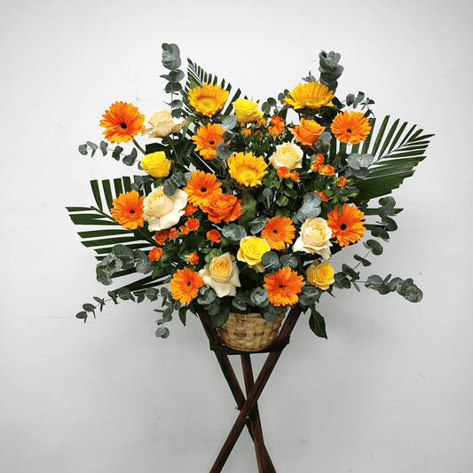 Orange sun chrysanthemum basket champagne rose basket yellow rose basket blessing gift – F-450 - party X party