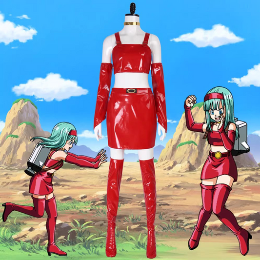 Dragon Ball Bulma Cosplay Costume Red Striped Outfit with Wig Anime Convention Set DB014