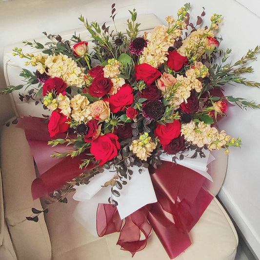 Red rose cappuccino rose champagne violet pointed eucalyptus leaves pine needle grass small rose bouquet -- – F-511 - party X party