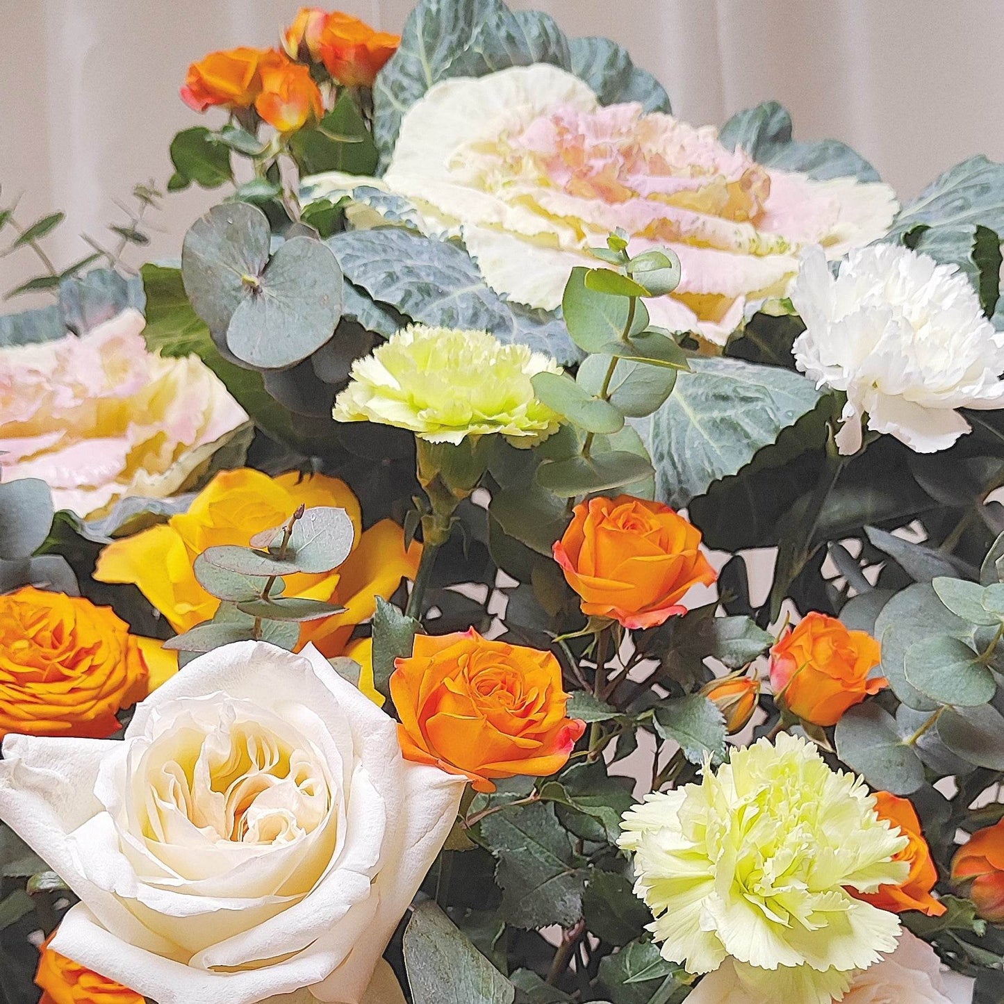 Peony on leaves orange rose white rose small orange rose blue carnation eucalyptus flower basket – --F-513 - party X party