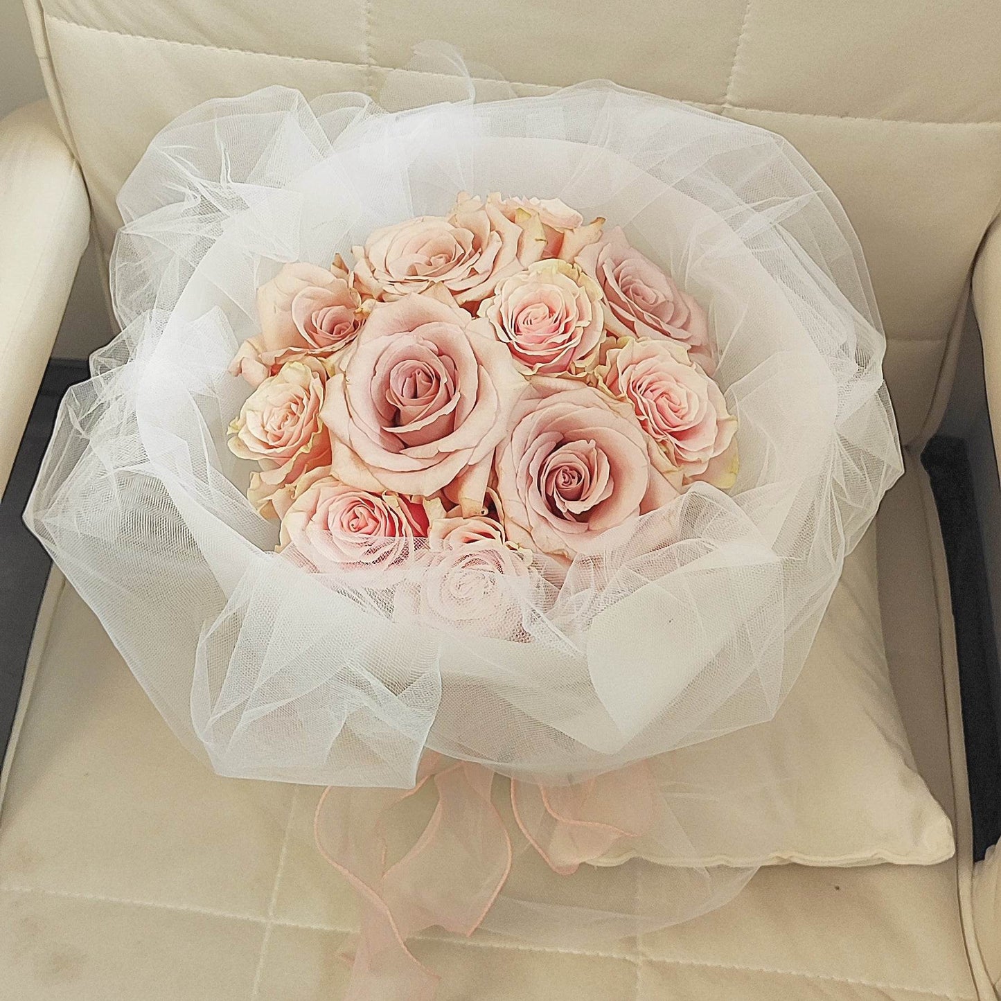11 Pink & Dark Pink Roses with White Gauze Bouquet – Elegant Romantic Gift – F-515 - party X party