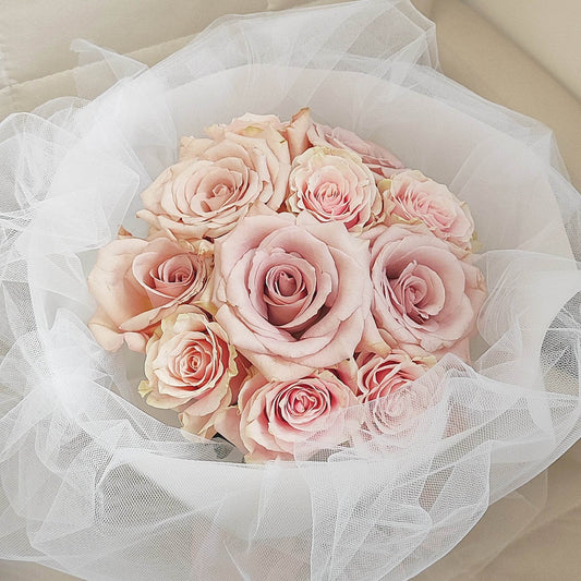 11 Pink & Dark Pink Roses with White Gauze Bouquet – Elegant Romantic Gift – F-515 - party X party