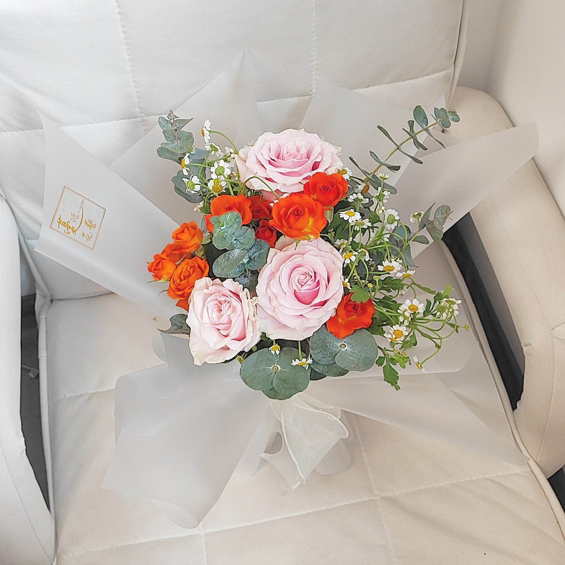 3 Pink Roses, Orange Spray Roses, Eucalyptus & Chamomile Bouquet – F-523 - party X party