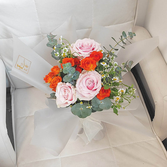 3 Pink Roses, Orange Spray Roses, Eucalyptus & Chamomile Bouquet – F-523 - party X party