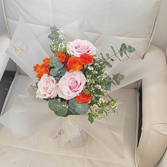 3 Pink Roses, Orange Spray Roses, Eucalyptus & Chamomile Bouquet – F-523 - party X party