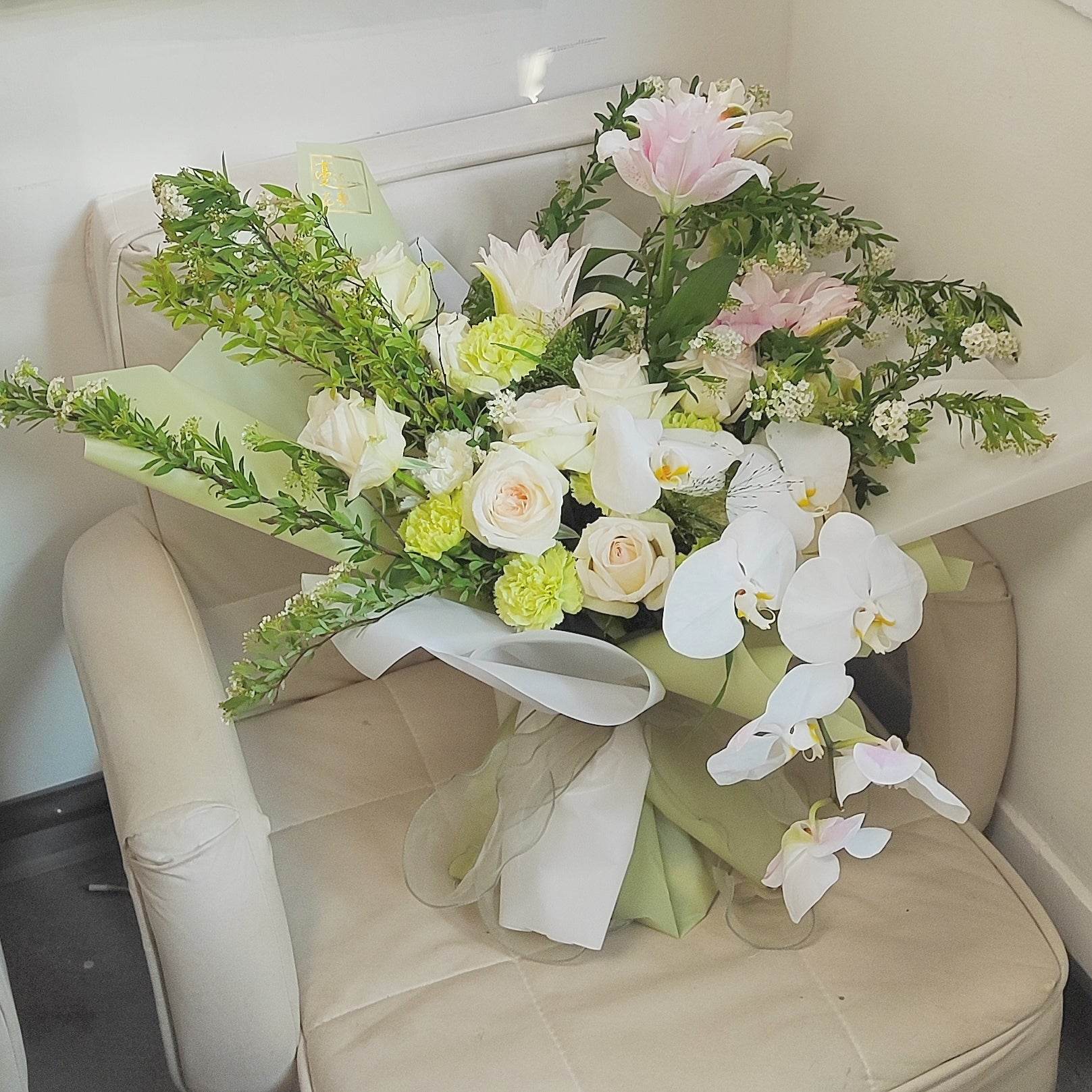 White Rose Small Handball Carnation Double Lily Phalaenopsis Bouquet--F-527 - party X party