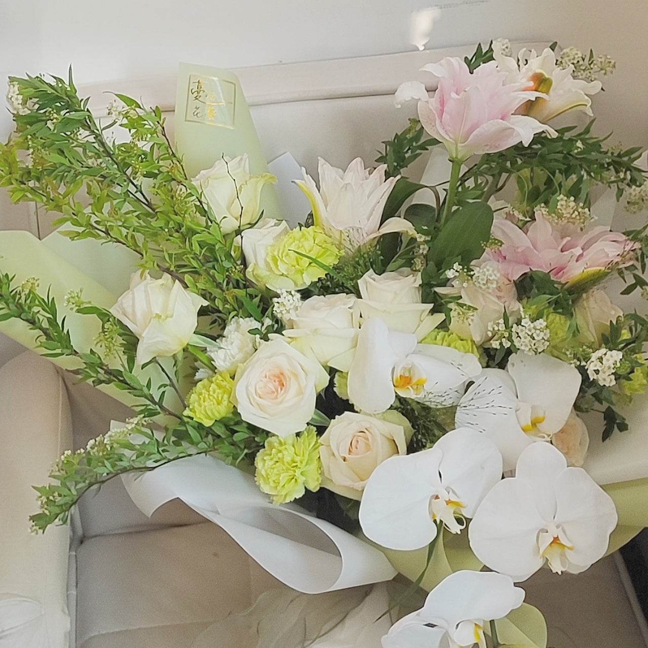 White Rose Small Handball Carnation Double Lily Phalaenopsis Bouquet--F-527 - party X party