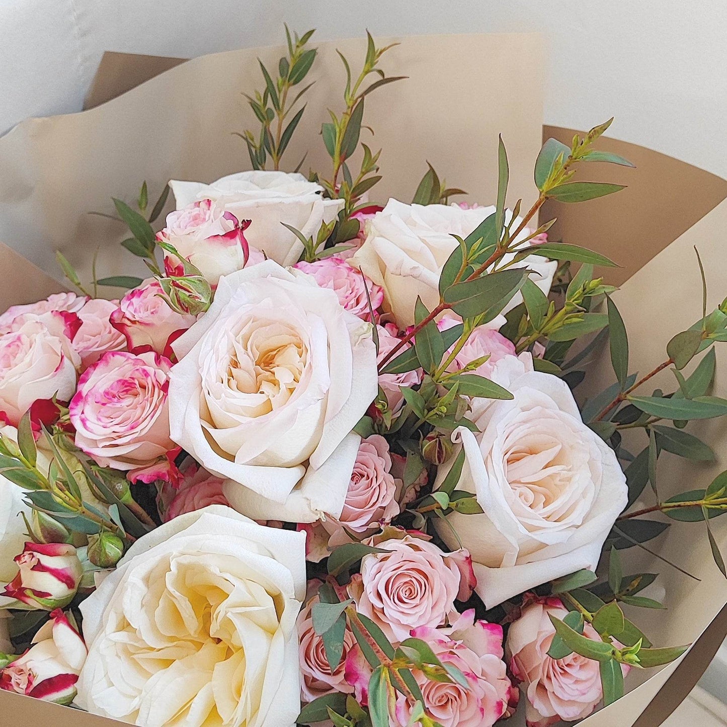 White Rose Small Rose Eucalyptus Bouquet--F-529 - party X party