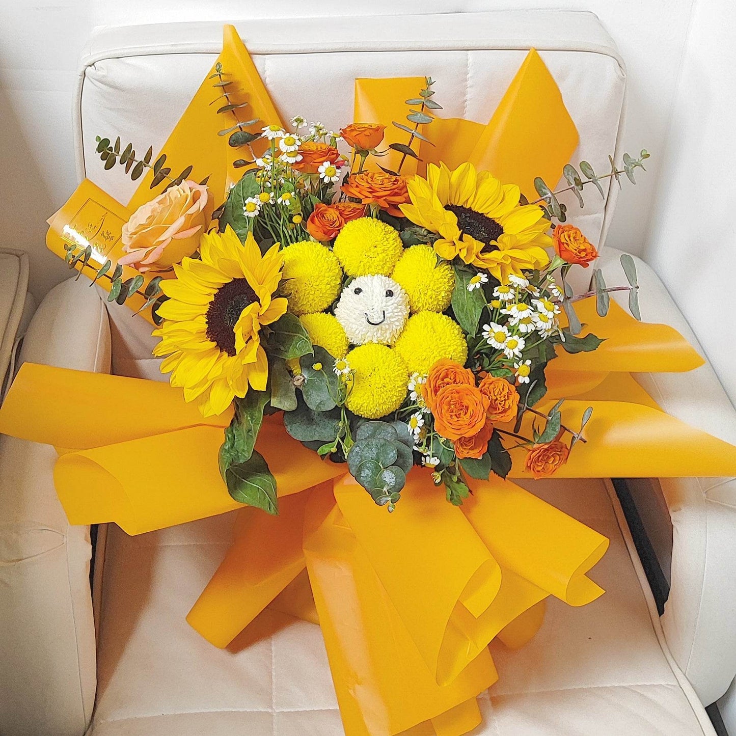 Sunflower Ping Pong Chrysanthemum Doll (Smiling Flower) Orange Rose Eucalyptus Chamomile Bouquet -- – F-530