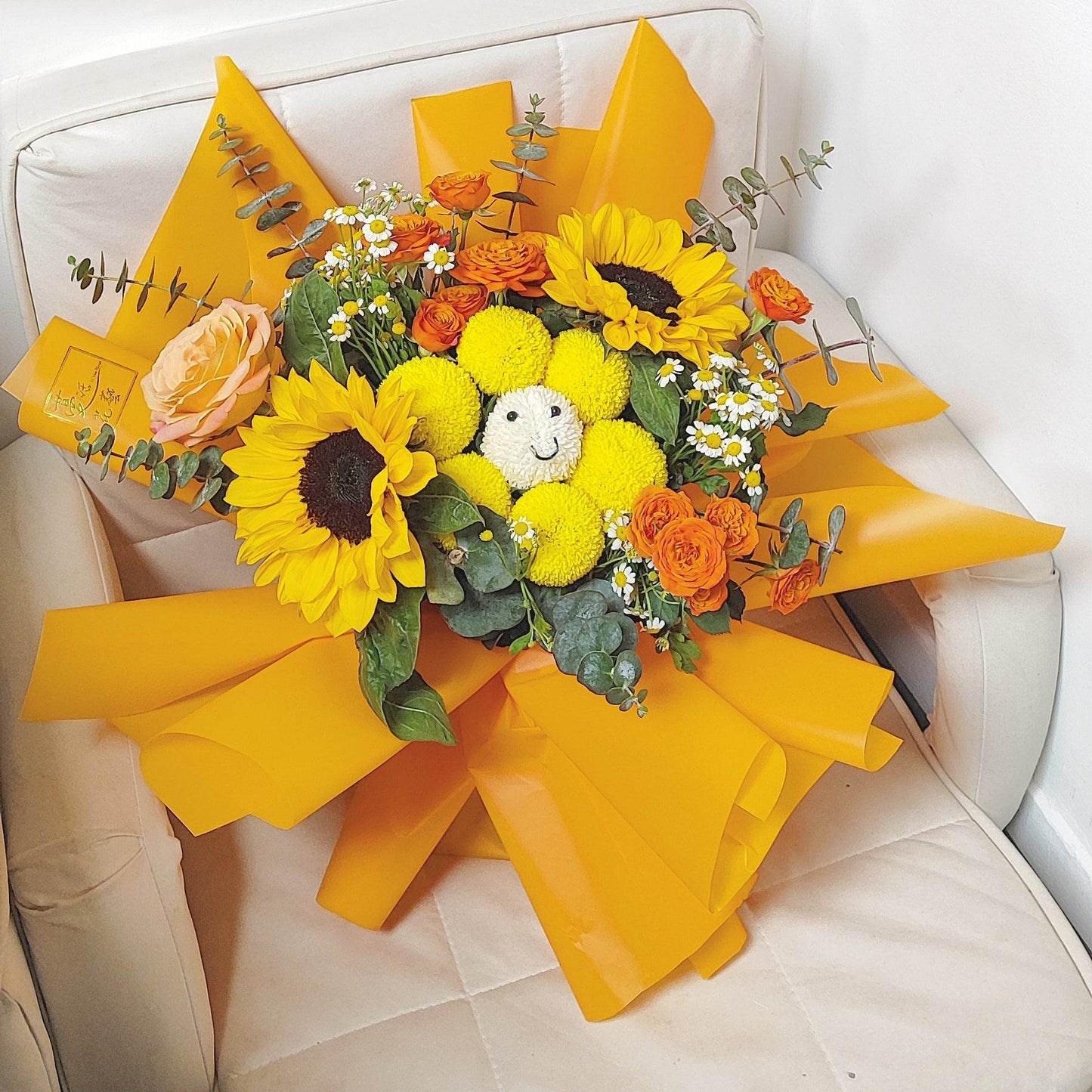 Sunflower Ping Pong Chrysanthemum Doll (Smiling Flower) Orange Rose Eucalyptus Chamomile Bouquet -- – F-530
