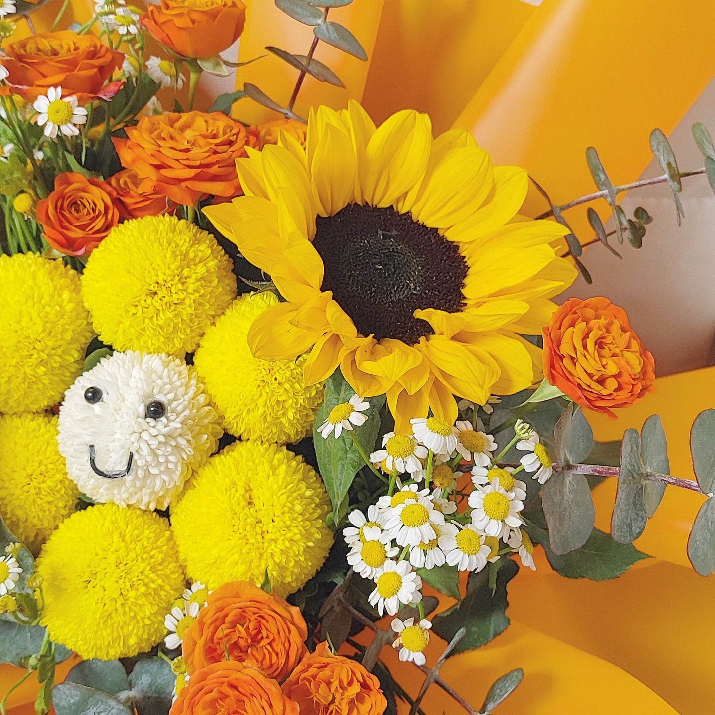 Sunflower Ping Pong Chrysanthemum Doll (Smiling Flower) Orange Rose Eucalyptus Chamomile Bouquet -- – F-530