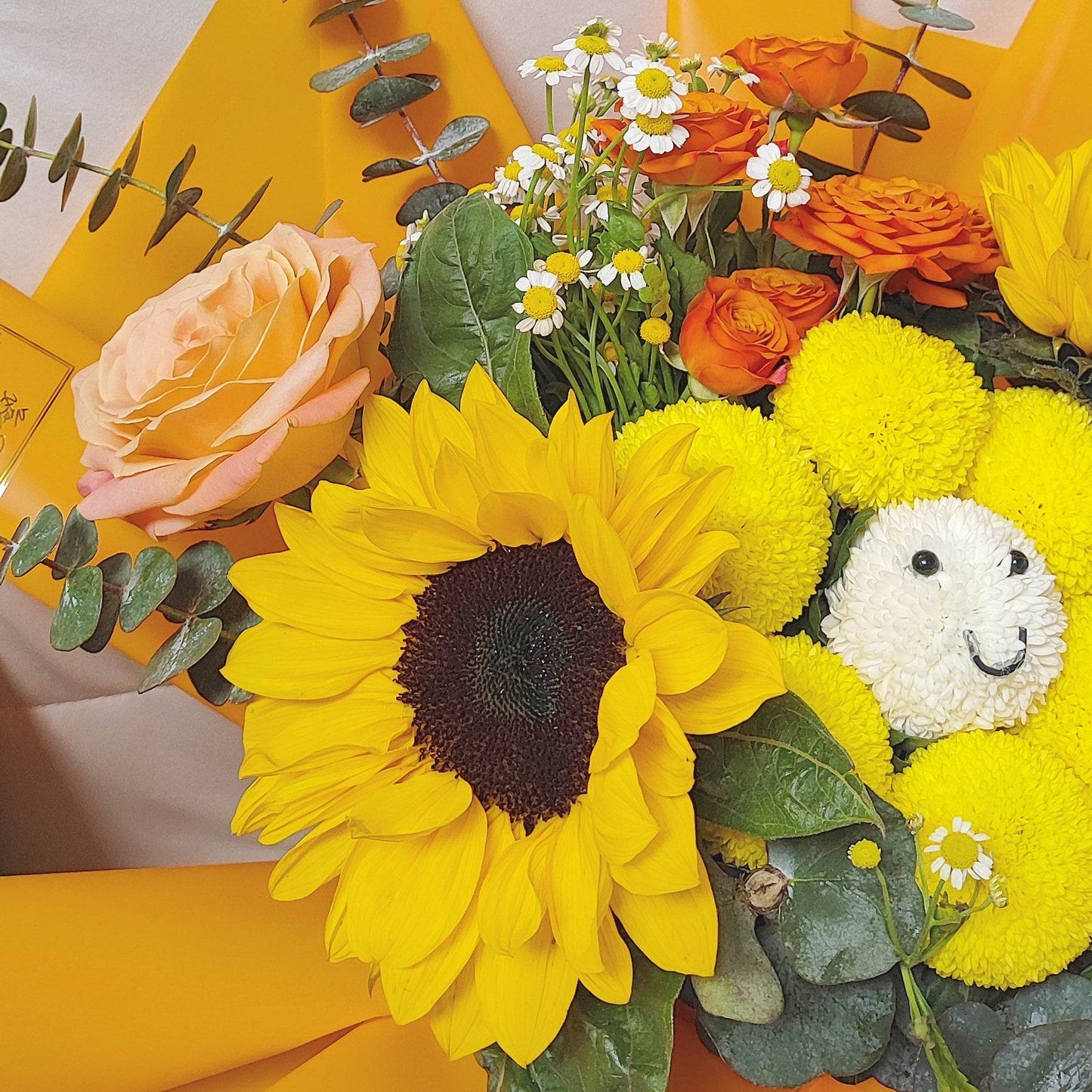 Sunflower Ping Pong Chrysanthemum Doll (Smiling Flower) Orange Rose Eucalyptus Chamomile Bouquet -- – F-530
