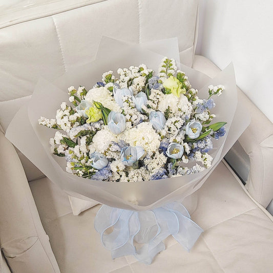 Light blue tulip forget-me-not wavy white platycodon bouquet – --F-532 - party X party