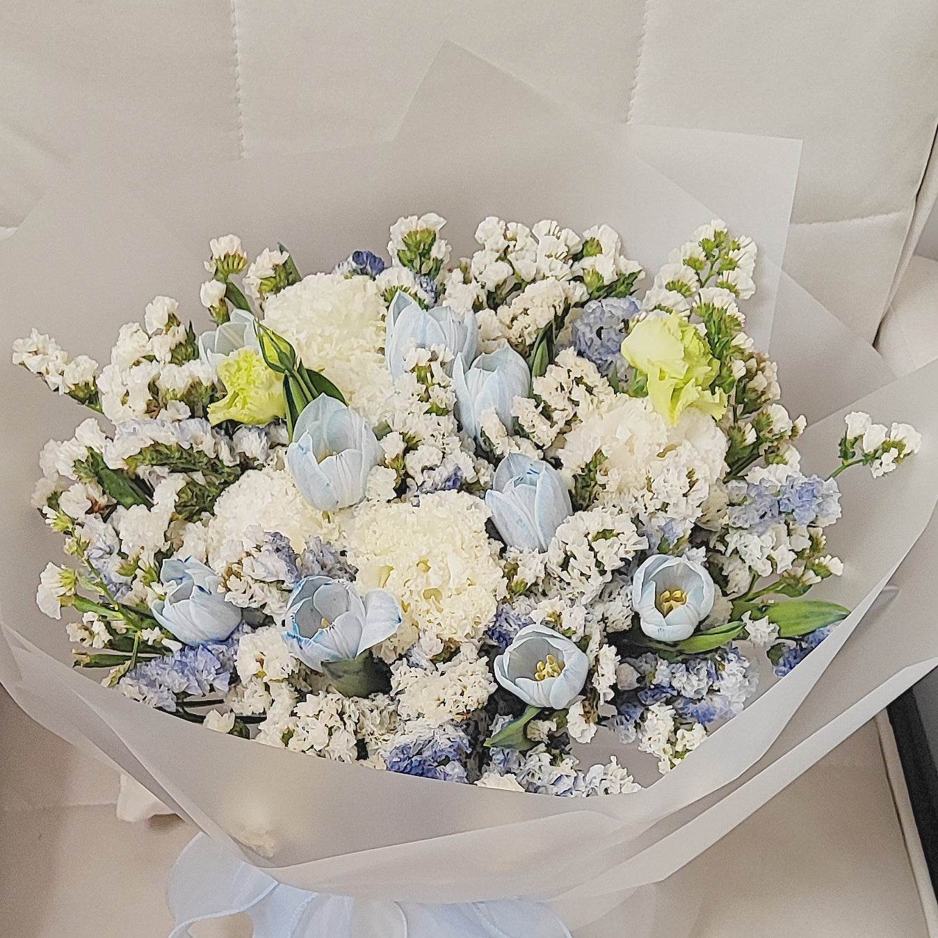 Light blue tulip forget-me-not wavy white platycodon bouquet – --F-532 - party X party