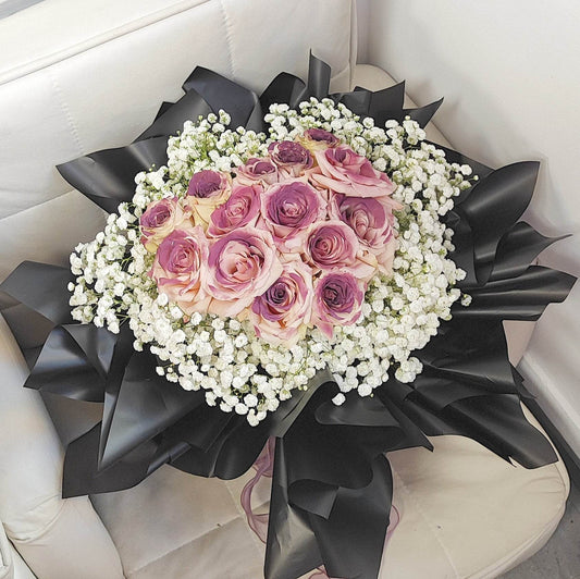 11 Black Plum Roses & Baby’s Breath Bouquet – Elegant Romantic Gift – F-538 - party X party