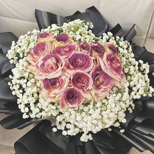 11 Black Plum Roses & Baby’s Breath Bouquet – Elegant Romantic Gift – F-538 - party X party