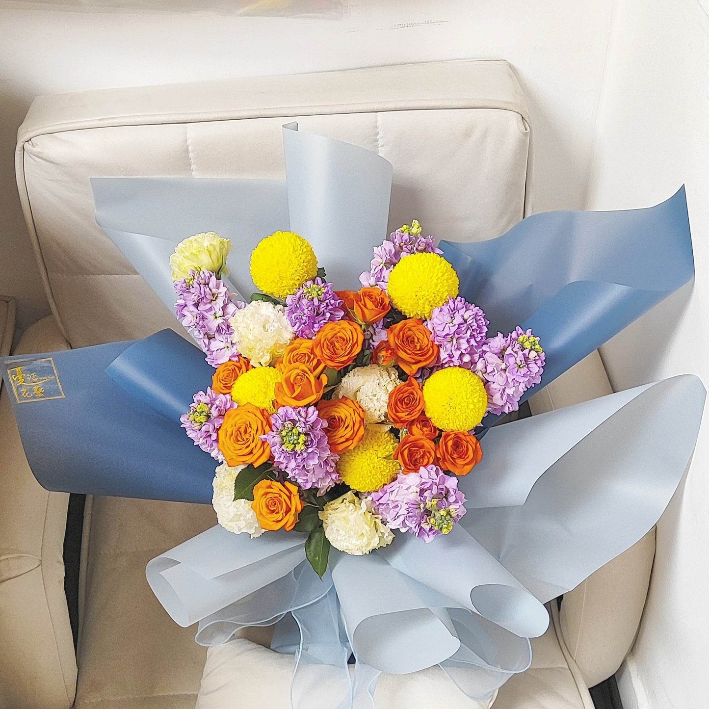 Yellow Ping Pong Chrysanthemum, Orange Rose & Violet Mixed Bouquet – F-540 - party X party