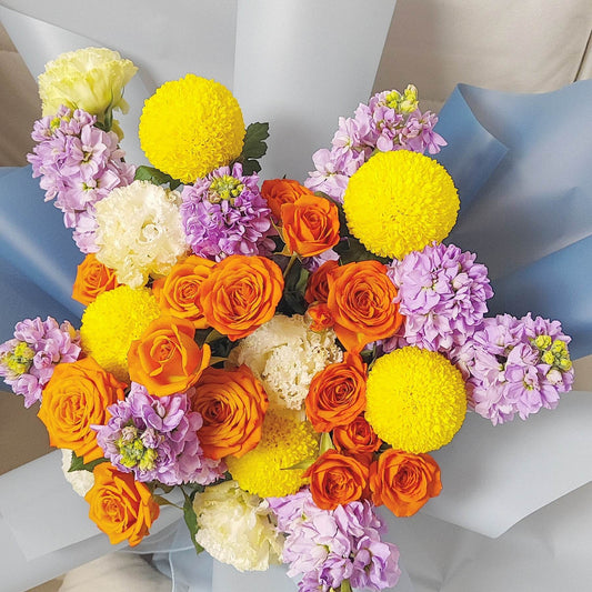 Yellow Ping Pong Chrysanthemum, Orange Rose & Violet Mixed Bouquet – F-540 - party X party