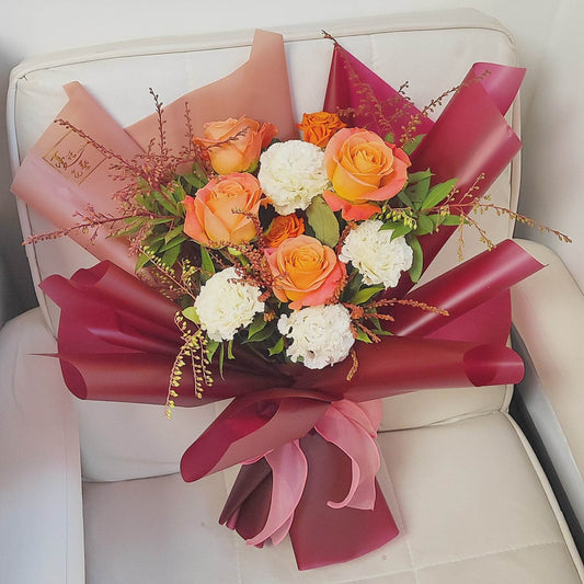 Pink Rose Wavy White Platycodon Sedum Bouquet – --F-541 - party X party