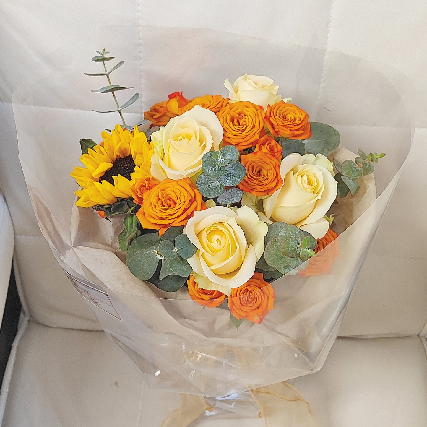 Sunflower Champagne Rose Orange Rose Eucalyptus Bouquet--F-542