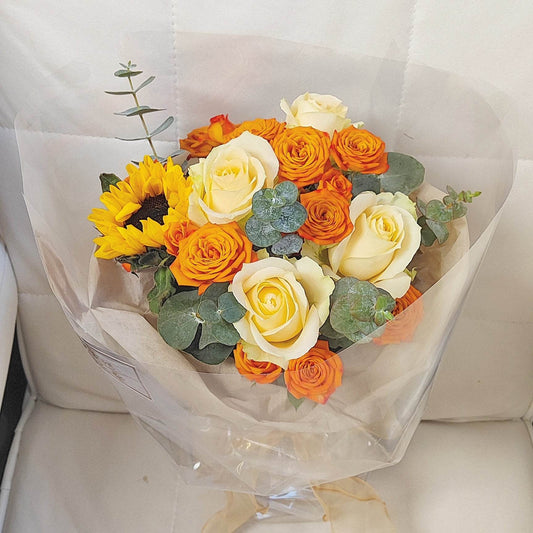 Sunflower Champagne Rose Orange Rose Eucalyptus Bouquet--F-542 - party X party