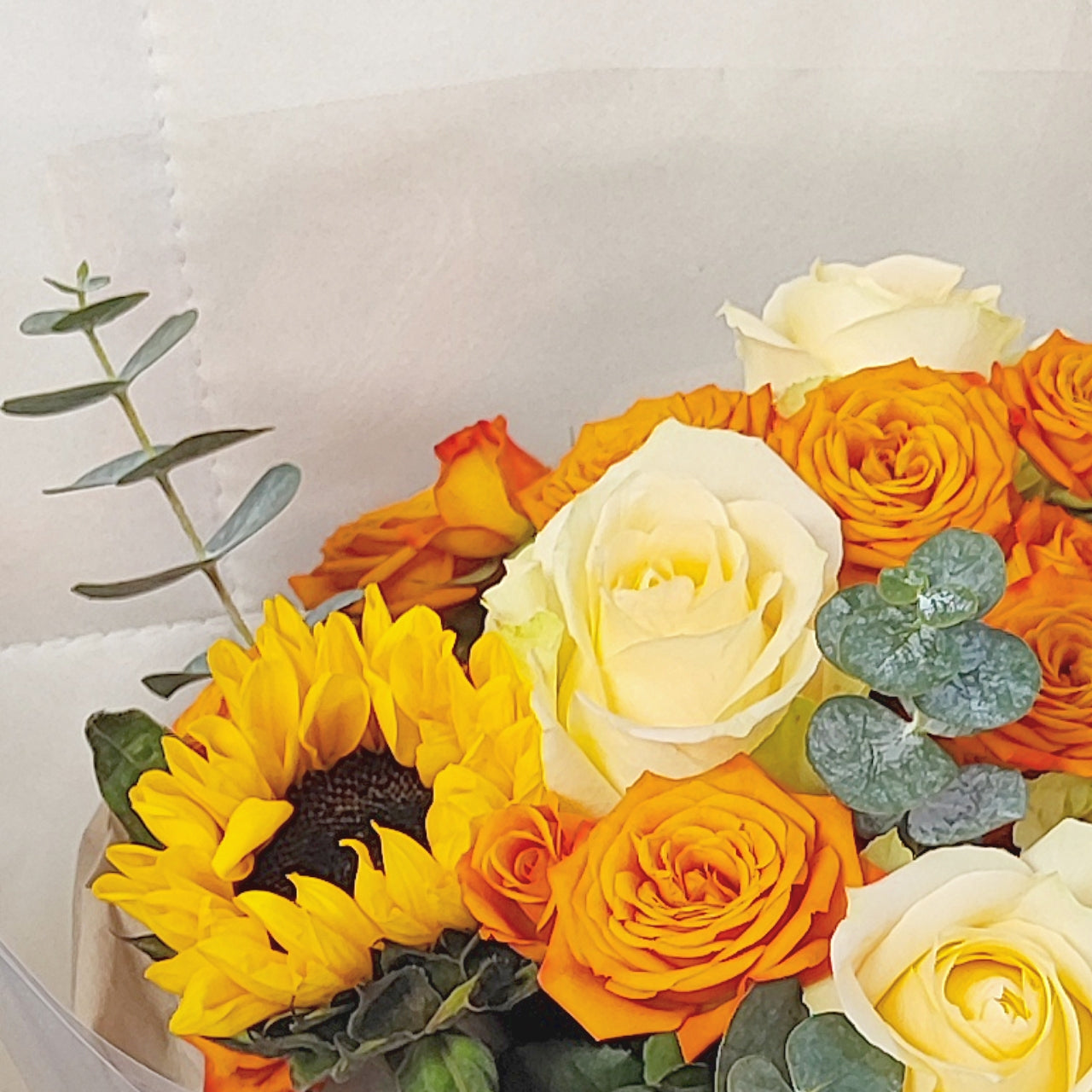 Sunflower Champagne Rose Orange Rose Eucalyptus Bouquet--F-542