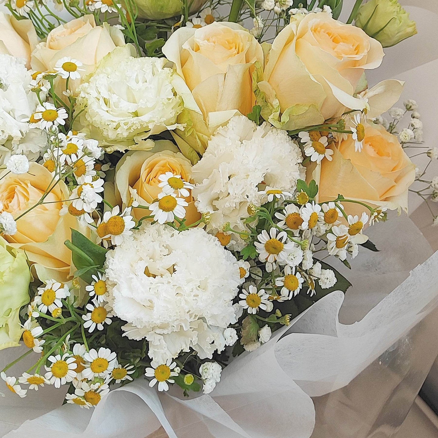 Champange Roses + Wave White Eustoma + Chamomile Bouquet--F-543 - party X party