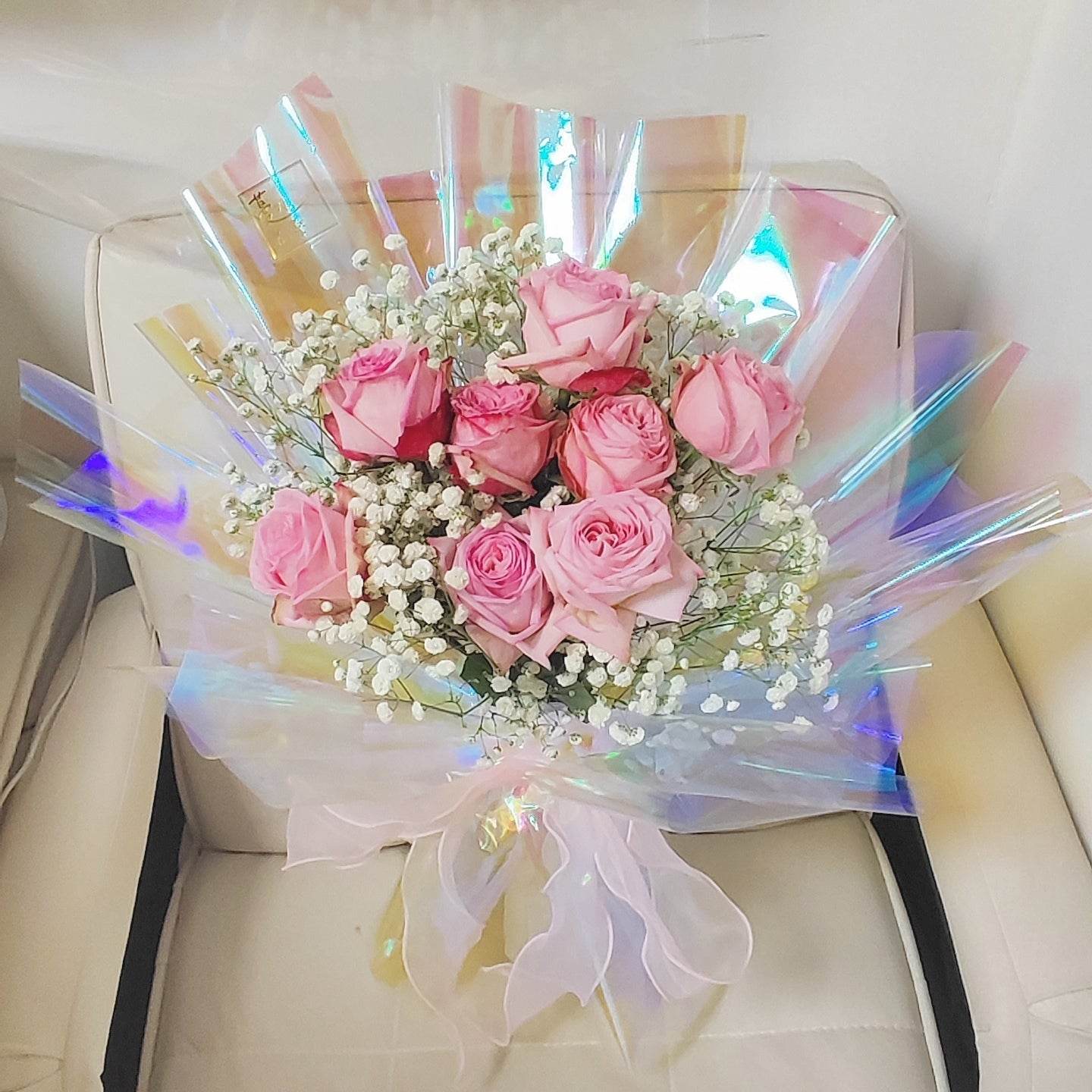 11 Pink Roses & Baby’s Breath Bouquet – Romantic Elegant Gift – F-547 - party X party