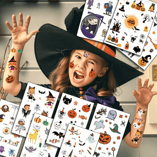 Halloween Temporary Tattoo Stickers for Kids – Waterproof & Skin-Safe | 10+ Cute & Spooky Designs - party X party