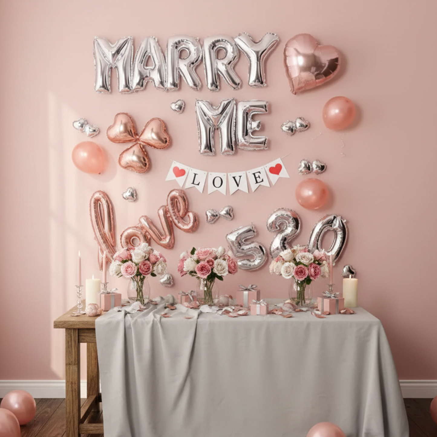 Rose Gold Marriage Proposal Decoration Set with Flag Design Balloon – S128 party X party
