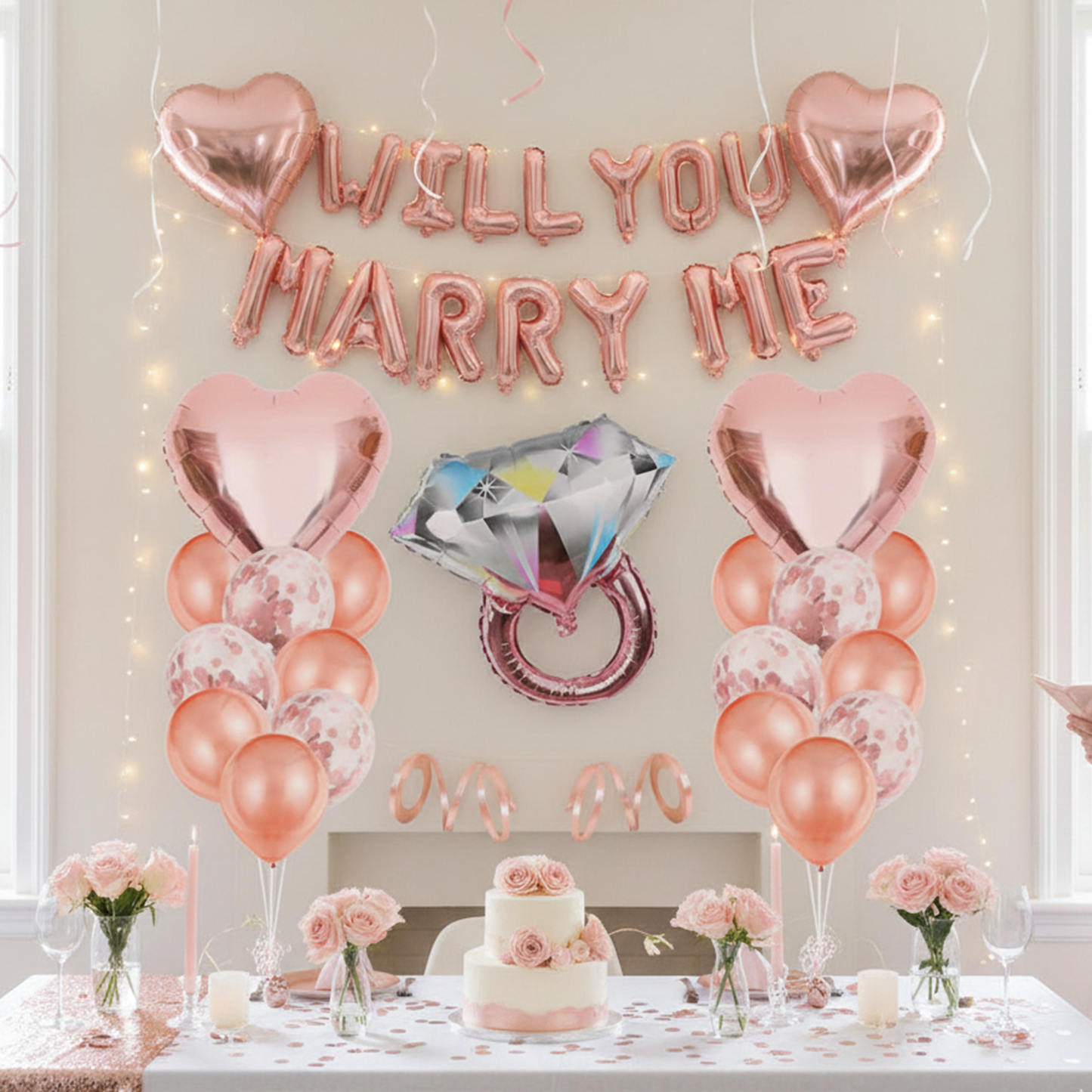 Rose Gold Proposal Ring Set - Heart Balloon Diamond Ring Decoration Set - S132 party X party