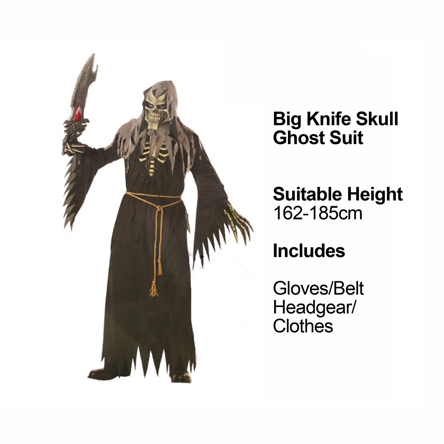 Scary Ambiance Costume/Cosplay Set: Large Knife Skeleton Ghost Outfit Set. party X party