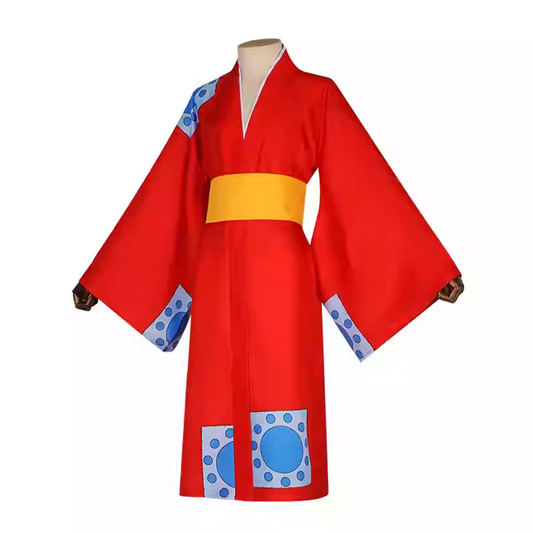 One Piece Wano Country – Monkey D. Luffy Long Robe Cosplay Costume – Halloween Kids & Adult Role-Play Outfit 0022