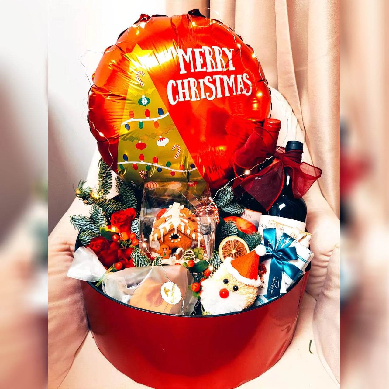 Christmas Eve Balloon & Gift Set – Exquisite Gold Foil Wine & Fruit Box – 0010