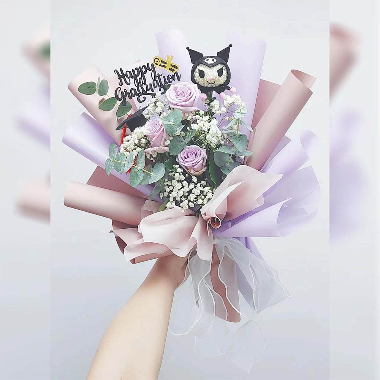 Medium purple rose bouquet Kuromi ping pong chrysanthemum doll bouquet confession-anniversary-Valentine's Day-graduation gift – F-185 - party X party