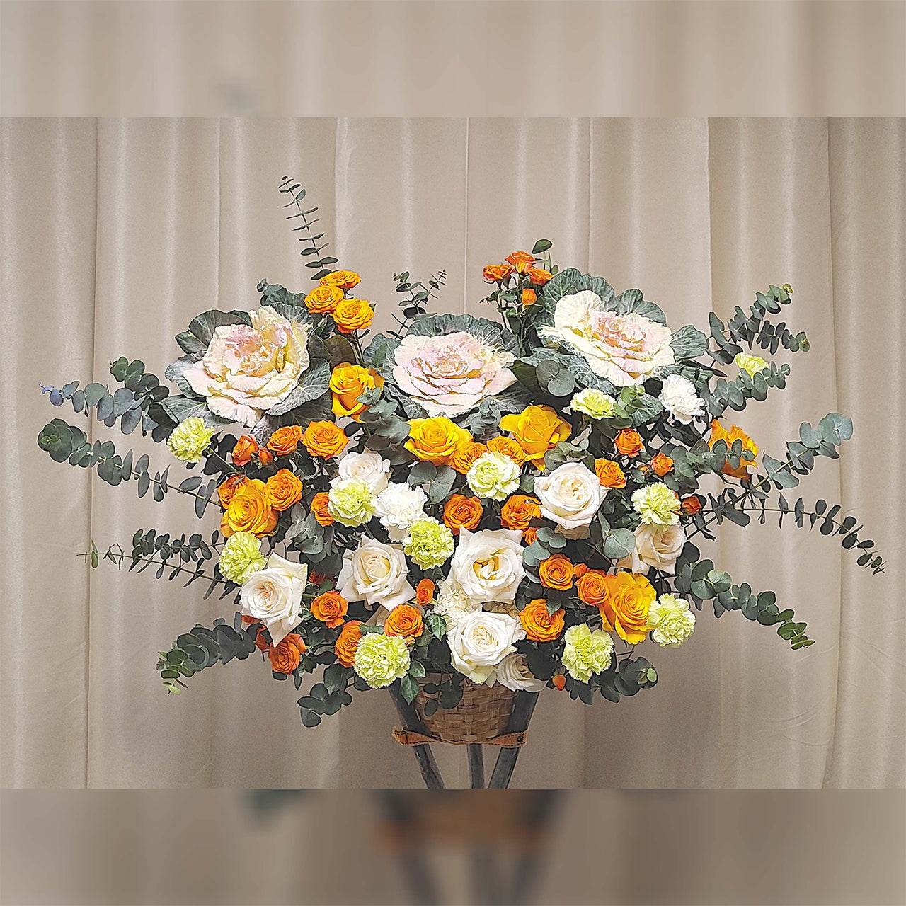 Peony on leaves orange rose white rose small orange rose blue carnation eucalyptus flower basket – --F-513 - party X party