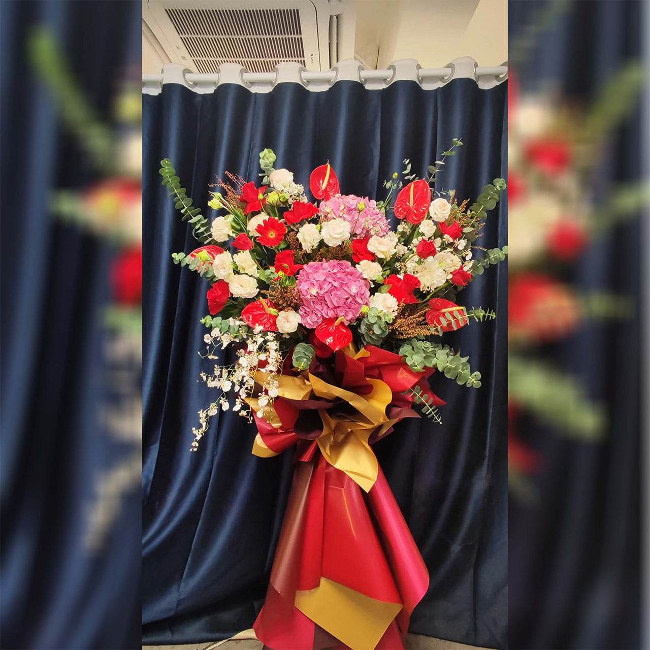 Anthurium flower basket deep pink hydrangea, red sunflower, red rose flower basket Blessing gift opening flower basket – F-455 - party X party