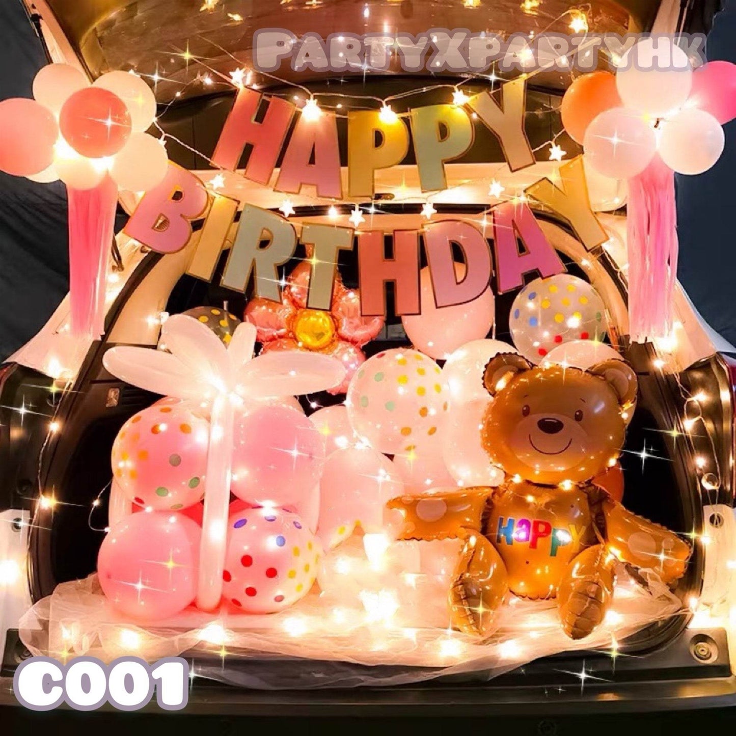 Pink balloons, macarons, HAPPY BIRTHDAY flags, birthday 3D bear trunk decoration – --C001