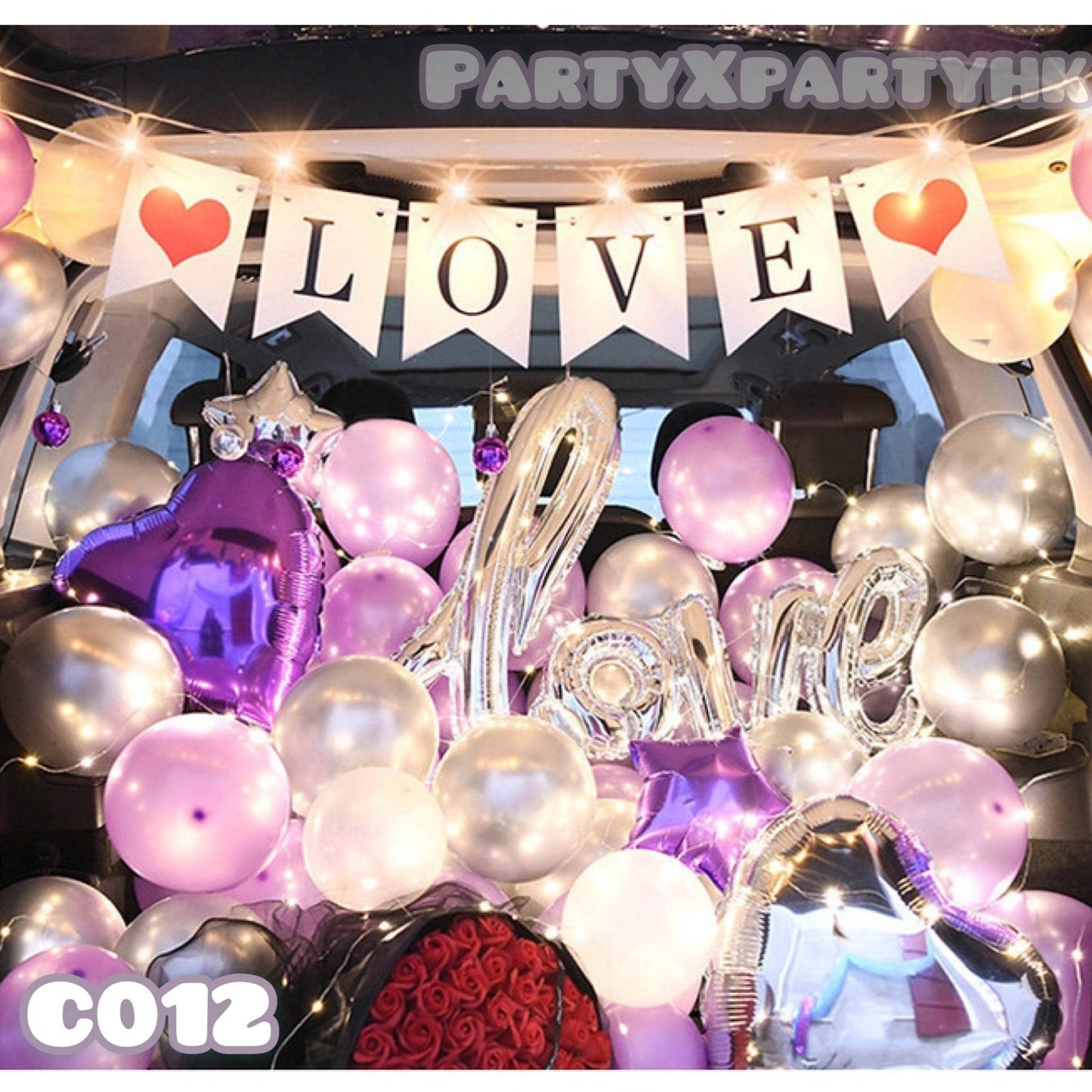 Purple, metallic silver balloons LOVE flag Anniversary simple trunk decoration – --C012