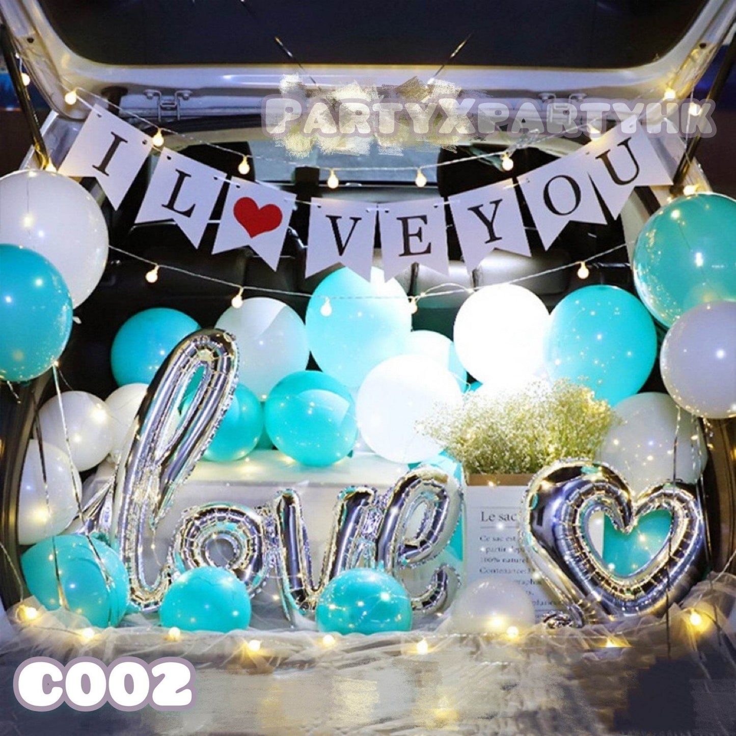Lake green pearl white balloon ILOVEYOU pull flag anniversary simple trunk decoration – --C002 - party X party